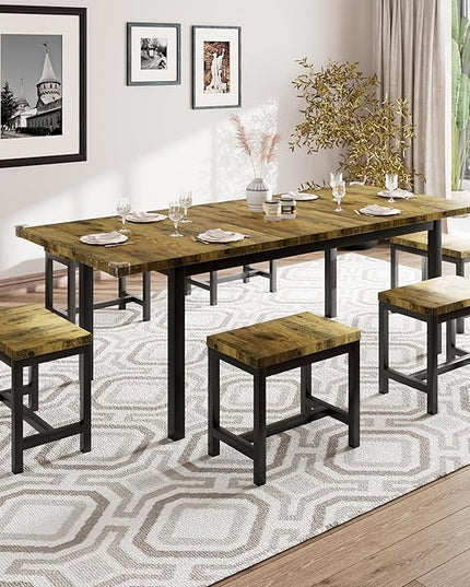 iPormis 7-Piece Dining Table Set with 6 Stools, 63" Extendable Kitchen Table Set for 4-8, Modern Dining Room Table with Sturdy Metal Frame, Space-Saving Dinette, Rustic Brown