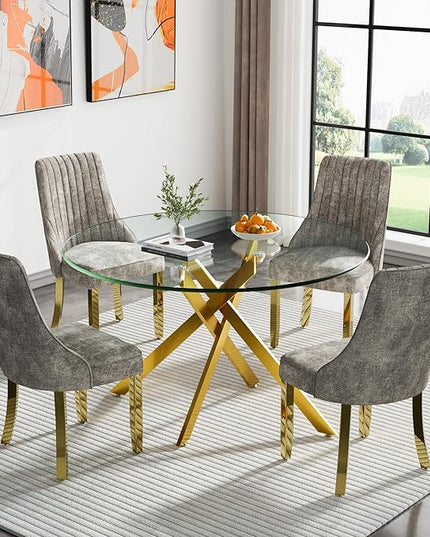 Round Glass Dining Table Set for 4, 47'' Clear Circular Kitchen Table and Chairs Set, 5PCS Modern Circle Dining Room Table Set with 4 Dining Chair for Home