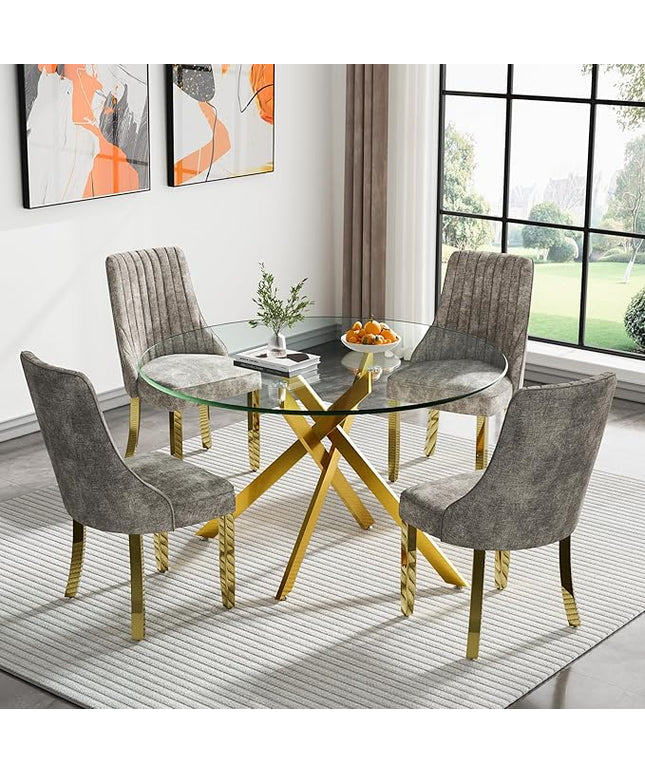 Round Glass Dining Table Set for 4, 47'' Clear Circular Kitchen Table and Chairs Set, 5PCS Modern Circle Dining Room Table Set with 4 Dining Chair for Home