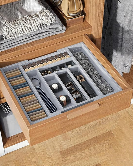 Pipishell Bamboo Expandable Drawer Organizer for Utensils Holder, Adjustable Cutlery Tray, Wood Drawer Dividers Organizer for Silverware, Flatware, Knives in Kitchen, Bedroom, Living Room(Grey)