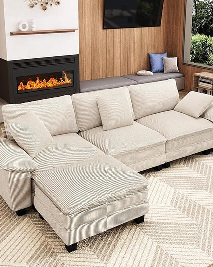 123-Inch L Shaped Sectional Sofa with Cloud Cushions, Deep Seat Modular Couch Set w/ 4 Seats & 1 Ottomans, Removable Arms, Plush Corduroy Upholstery for Living Room, Apartment - Beige