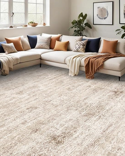 Washable 12x15 Area Rug - Extra Large Rugs for Living Room Soft Low Pile Carpet for Bedroom Non-Slip Stain Resistant Vintage Indoor Floor Carpets (Beige Brown, 12x15)