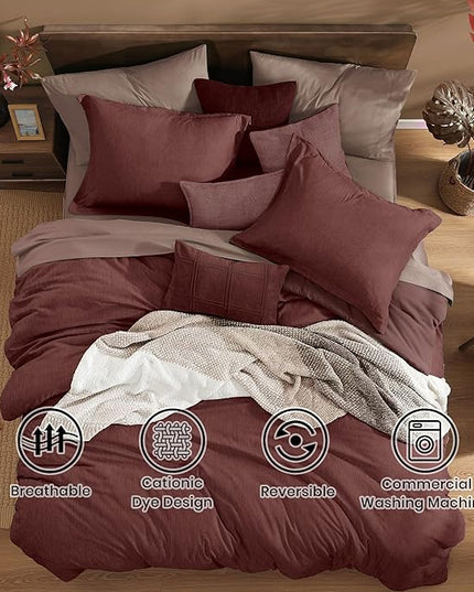Monbix Queen Comforter Set - 7 Pieces Cationic Dyeing Dark Red Bed in a Bag Queen Bedding Sets with Comforter, Sheets, Pillowcases & Shams, Reversible Bedding Comforters Sets