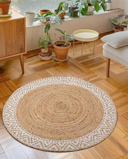 voyzz home Premium Natural Jute Braided Area Rug, 3-feet Round, White Printed Border, Stain Resistance, Natural Handmade Rug for Entryways, Living Room, Dining Room, Bedroom, Farmhouse, Kitchen