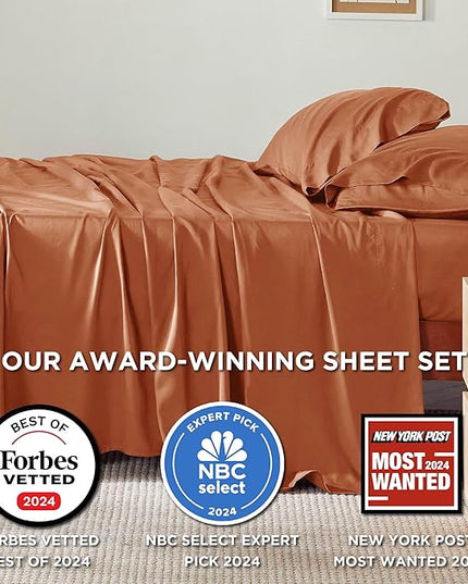 Bedsure California King Sheet Sets, Cooling Sheets, Rayon Derived from Bamboo, Breathable & Soft, Deep Pocket Up to 16 Inches, Hotel Luxury Silky Bedding for Hot Sleepers, Burnt Orange