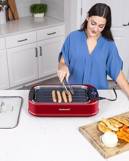 Indoor Smokeless Grill, Techwood 1500W Electric BBQ Grill with Temperature Control, Korean Grill Removable Non-Stick Grill & Griddle Plates, Tempered Glass Lid, Red