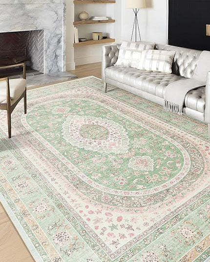 6x9 Area Rugs Washable,Green Rug for Living Room Bedroom Kitchen,Large Boho Vintage Bohemian Distressed Oriental Carpet Non Slip,Sage Blush Floral