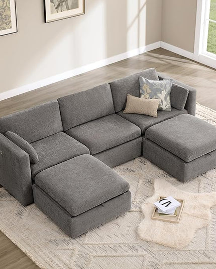 CHITA Oversized Modular Cloud Sectional Fabric Sofa Set, FSC Certified U Shaped Couch Reversible Chaise Modular Sectional Couch, 112 inch Width,5 Seat Modular Sofa Includes 2 Storage Ottomans, Grey