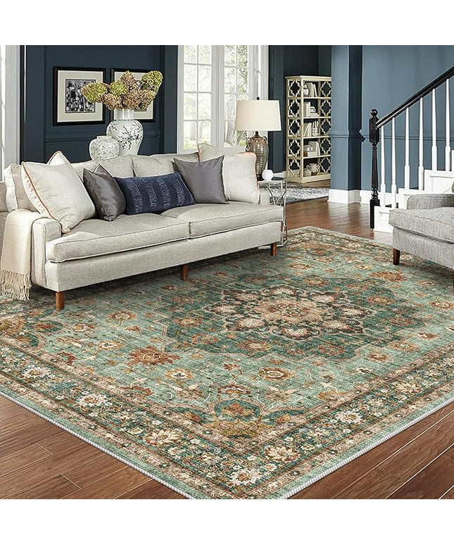 Washable Oriental Area Rug - 8x10 Rugs for Living Room Soft Carpet for Bedroom Waterproof Floral Distressed Indoor Stain Resistant Non-Shedding Floor Carpets (Green, 8x10)