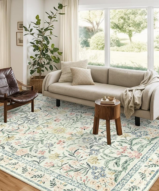 Wonnitar Washable Area Rugs 5x7, Soft Floral Bedroom Area Rug, Washable Carpet 5x7 Non Slip, Boho Flower Print Beige Carpets for Living Room Bedside Dining Room