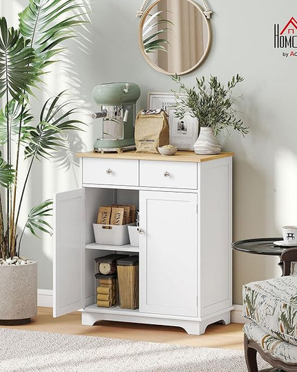 HOMCOM Sideboard Buffet Cabinet with Solid Wood Countertop, Modern Kitchen Storage Cabinet, Coffee Bar Cabinet with 2 Drawers, Doors and Adjustable Shelf, White