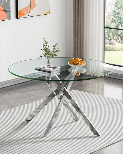 47.24" Round Glass Dining Table Modern Kitchen Glass Top Table for 6 with Silver Metal Legs, Clear Dining Table Kitchen Table for Home Office Dining Room