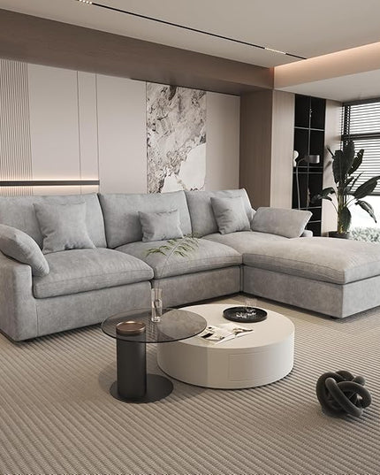 WJShome 120" Cloud Couch Sectional for Living Room, L Shape Down Filled Modular Sectional Sofa Couch,Convertible Couched with Ottoman, Sofa Covers Washable&Replaceable,Gray