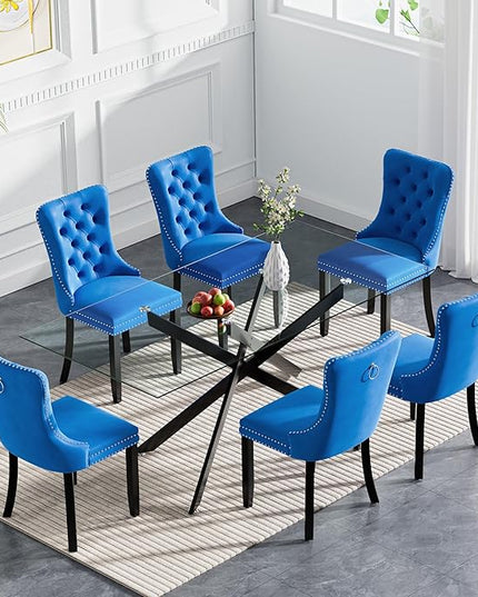 Modern 7-Piece Glass Dining Table Set for 6, Modern 60" Rectangle Black Glass Dining Room Table Set with Blue Velvet Tufted Chairs Wood Legs for Kitchen Dining Room