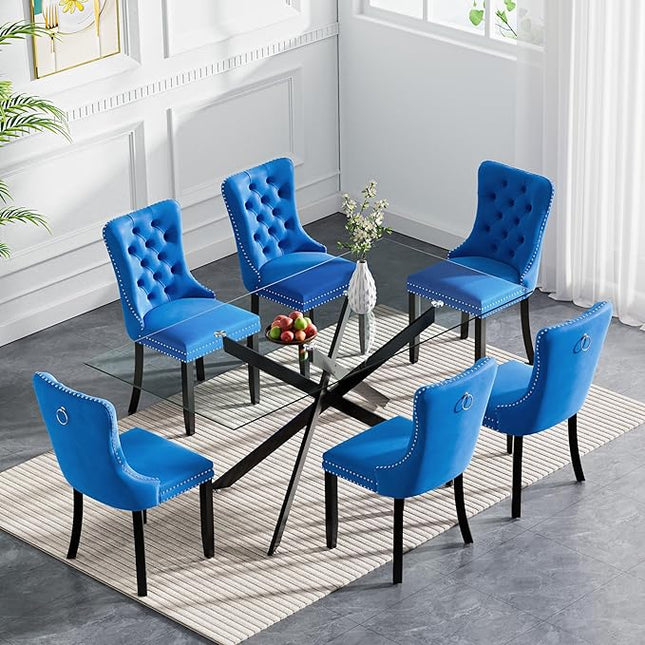Modern 7-Piece Glass Dining Table Set for 6, Modern 60" Rectangle Black Glass Dining Room Table Set with Blue Velvet Tufted Chairs Wood Legs for Kitchen Dining Room
