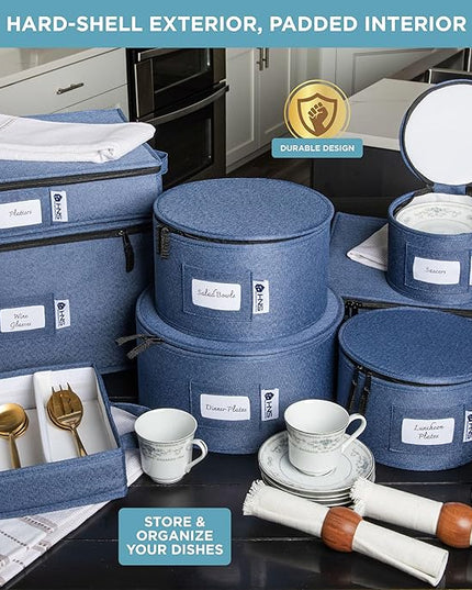 Hard Shell China Storage Containers 12-Piece Set Moving Boxes for Dinnerware, Glasses, Plates, Mugs and Saucers Sturdy Dish Organizer with Dividers for Seasonal Storage - Service for 12 - Denim Blue