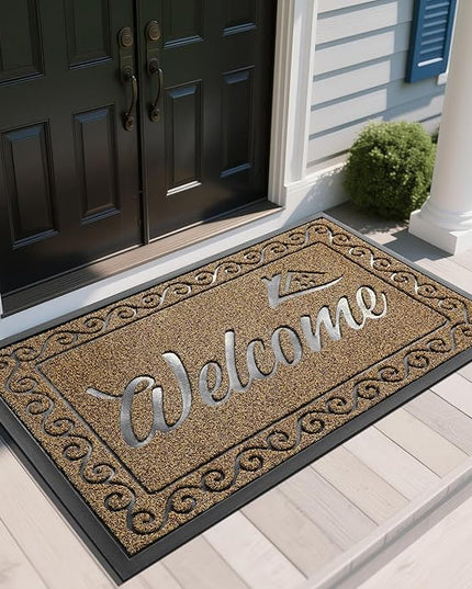 Yimobra Welcome Mat, Heavy Duty Sturdy Door Mats for Home Entrance Outdoor Indoor, Front Doormat for Outside Patio Floor Entry Porch Garage Office, Waterproof, Low Profile, 60 x 36, Beige Brown