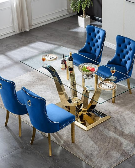 5-Piece Glass Dining Table Set w/4 Blue Upholstered Dining Chairs, 70in Rectangular Large Kitchen Table Set for 4, Glass and Gold Dining Table and Chair Set for 4