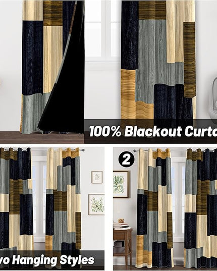 Wood Print Retro 100% Blackout Curtains for Bedroom 84 inch Long 2 Panels Set Modern Abstract Geometric Black Out Curtains Insulated Room Darkening Window Drapes for Living Room, 52Wx84L