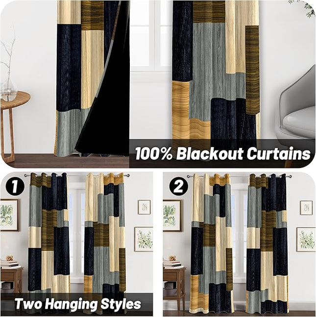 Wood Print Retro 100% Blackout Curtains for Bedroom 96 inch Long 2 Panels Set Modern Abstract Geometric Black Out Curtains Insulated Room Darkening Window Drapes for Living Room, 52Wx96L