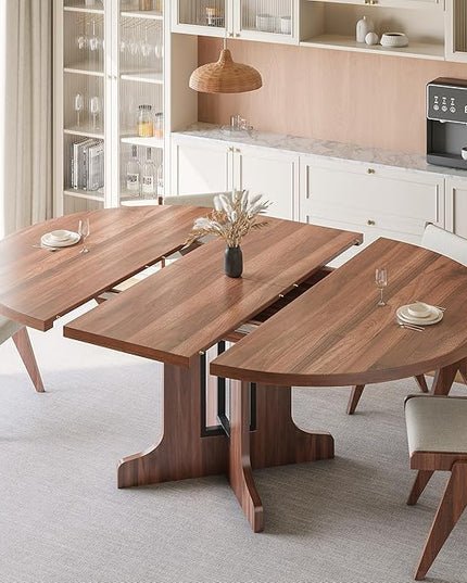 iPormis 59" Round Extendable Dining Table for 4-6, Modern Kitchen Table with Heavy Duty Pedestal Base & Wooden Top, Oval Dining Room Table for Dining Living Room, Easy Assembly, Walnut