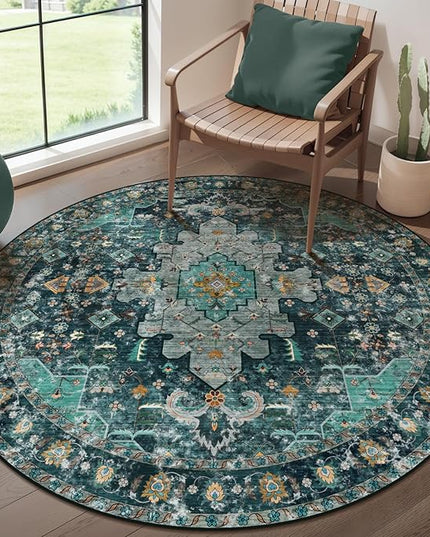 Ciicool Washable Area Rug Round 4’x4’ Teal Boho Bedroom Non-Slip Oriental Entry Throw Low-Pile Indoor Floor Carpet for Living Room Laundry Foyer Decor (Teal/Multi)