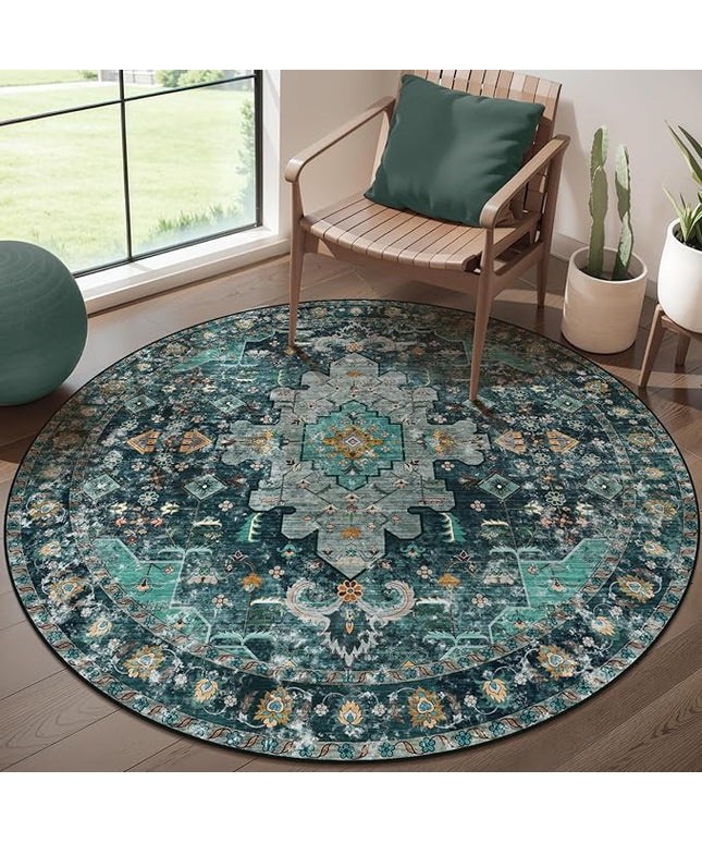 Ciicool Washable Area Rug Round 4’x4’ Teal Boho Bedroom Non-Slip Oriental Entry Throw Low-Pile Indoor Floor Carpet for Living Room Laundry Foyer Decor (Teal/Multi)