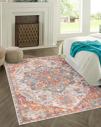 GLN Rugs Traditional Collection - Machine Washable Area Rug, Traditional Washable, Non Slip, Low Pile Chenille Rug, Living Room, Bedroom, Kitchen Rug (7'10"x10' Cream/Terra)