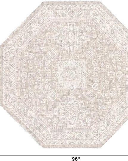 Rugs.com Outdoor Aztec Collection Rug – 8 Ft Octagon Light Gray Flatweave Rug Perfect for Living Rooms, Kitchens, Entryways