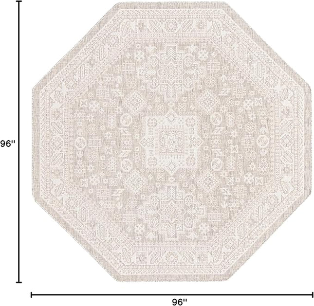 Rugs.com Outdoor Aztec Collection Rug – 8 Ft Octagon Light Gray Flatweave Rug Perfect for Living Rooms, Kitchens, Entryways