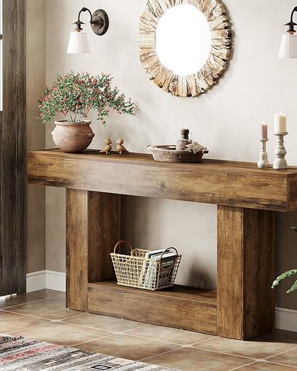 Tribesigns 63" Console Table, Farmhouse 2-Tier Entryway Table with U-Shaped Base, Narrow Long Wood Sofa Table Behind Couch Table for Living Room, Hallway, Foyer, Vintage Brown