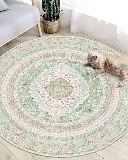 Round Area Rugs 4ft Washable,Green Rug for Living Room Bedroom Dining Room,Large Boho Vintage Bohemian Distressed Oriental Carpet Non Slip,Sage Blush Floral
