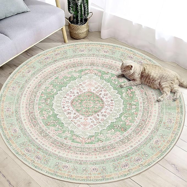 Round Area Rugs 4ft Washable,Green Rug for Living Room Bedroom Dining Room,Large Boho Vintage Bohemian Distressed Oriental Carpet Non Slip,Sage Blush Floral