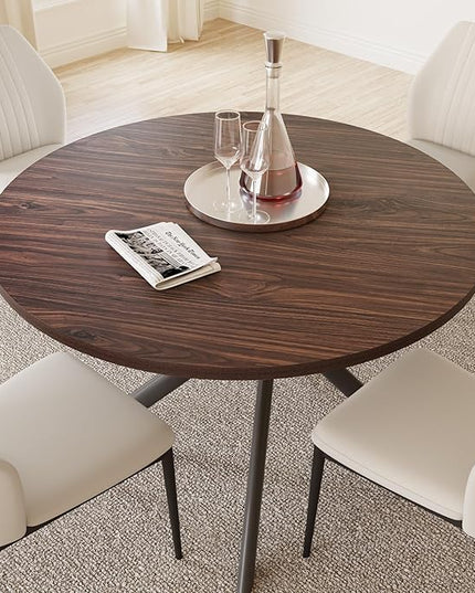 45.3'' Walnut Round Dining Table Set for 4, Mid Century Modern Small Coffee Set for Dining Room Kitchen Apartment (Dark Walnut Table + 4 White Chairs)