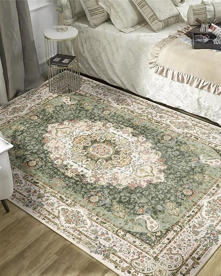 Green Rug 4'x6.5',Washable Area Rugs for Bedroom Living Room Kitchen Entryway,Small Boho Vintage Bohemian Distressed Non Slip Carpet,Floral