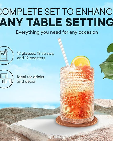 15 OZ Hobnail Drinking Set of 12 – Vintage Embossed Glassware, Textured Tumblers for Water, Beer, Cocktails, Mocktails, Whiskey & More – Includes Straws and Coasters – Clear