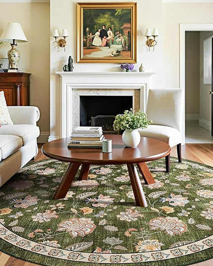 jinchan Elora 8ft Floral Round Rug for Washable Living Room Rug Vintage Romance Christmas Design Non Slip Indoor Floor Cover Lightweight Low-Profile Throw Carpet for Bedroom Porch Patio, Green