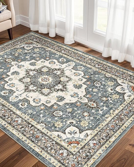 Washable Oriental Area Rug - 3x5 Rugs for Living Room Soft Carpet for Bedroom Waterproof Floral Distressed Indoor Stain Resistant Non-Shedding Floor Carpets (Blue, 3X5)