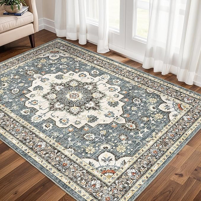 Washable Oriental Area Rug - 3x5 Rugs for Living Room Soft Carpet for Bedroom Waterproof Floral Distressed Indoor Stain Resistant Non-Shedding Floor Carpets (Blue, 3X5)