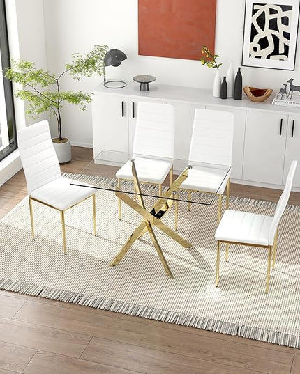 5 Piece Glass Dining Table Table Set, Tempered Glass Dining Table Set for 4 Kitchen Table Set with 4 Upholstered Chairs for Kitchen Dining Room (Gold Leg Table with Gold Leg Chair)
