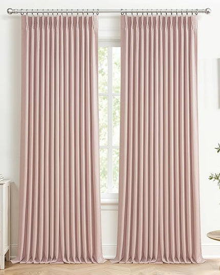 Elegant Blush Pink High Blackout High Ceiling Curtains 102 Inches Long for Sliding Glass Doors, Memory Trained Pinch Pleat Dual Layer Thick Linen Thermal Sound Dampening Modern Window Drapes 2 Panels