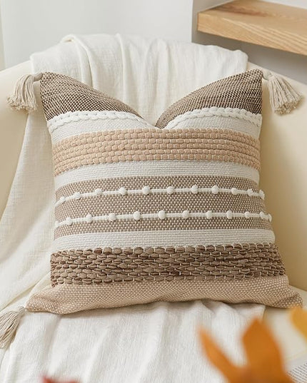 BlissBlush Brown Decorative Throw Pillow Cover 18x18 Square Boho Accent Pillowcase Tassels Farmhouse Cushion for Couch Sofa Bedroom Livingroom Home Décor Cover ONLY (Pack of 1)