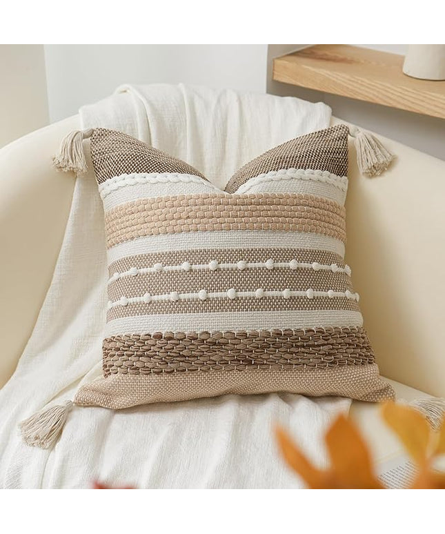 BlissBlush Brown Decorative Throw Pillow Cover 18x18 Square Boho Accent Pillowcase Tassels Farmhouse Cushion for Couch Sofa Bedroom Livingroom Home Décor Cover ONLY (Pack of 1)