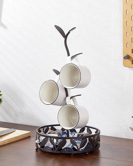 Mug Holder Stand, Countertop Mug Tree, Coffee Pod Holder with Mug Rack, Coffee Counter Bar Accessory & Kitchen Organizer