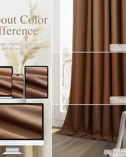 Guken 100% Blackout Linen Curtains 96 Inch Length 2 Panels Set for Living Room Bedroom Back Tab Thermal Insulated Black Out Linen Drapes Room Darkening Window Curtains,Caramel Brown