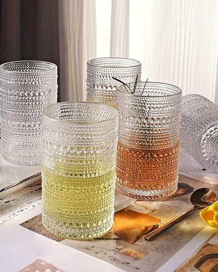 hobnail drinking glasses Highball Glasses Set of 4 12oZ Embossed Vintage Drinking Water Cocktail Whiskey Beverages Juice Milk Soda Gift for Men Women