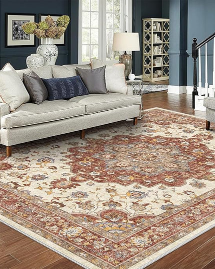 Washable Oriental Area Rug - 8x10 Rugs for Living Room Soft Carpet for Bedroom Waterproof Floral Distressed Indoor Stain Resistant Non-Shedding Floor Carpets (Red, 8x10)