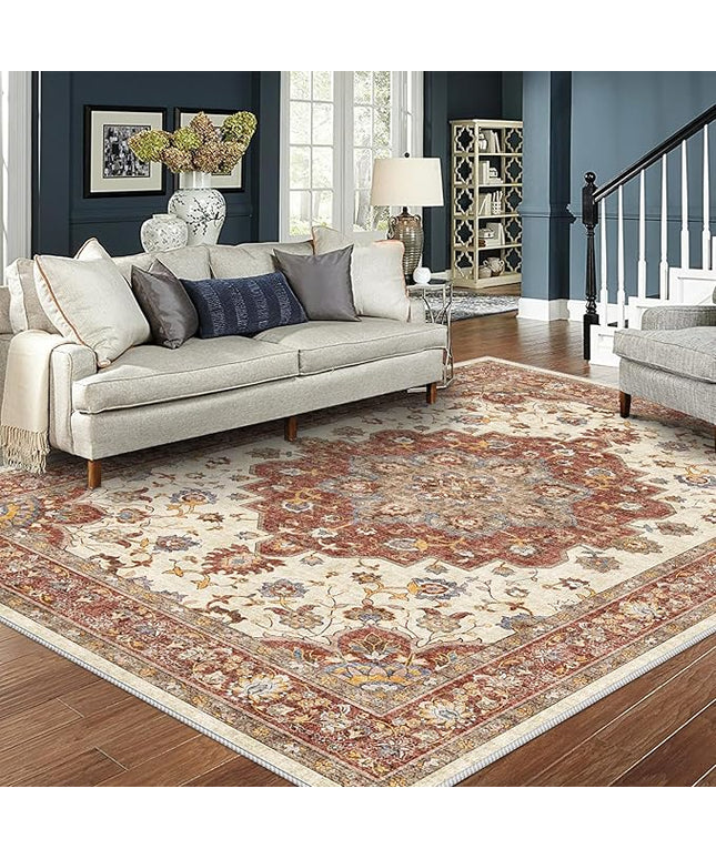 Washable Oriental Area Rug - 8x10 Rugs for Living Room Soft Carpet for Bedroom Waterproof Floral Distressed Indoor Stain Resistant Non-Shedding Floor Carpets (Red, 8x10)
