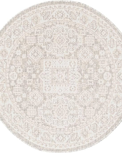 Rugs.com Outdoor Aztec Collection Rug – 4 Ft Round Light Gray Flatweave Rug Perfect for Kitchens, Dining Rooms