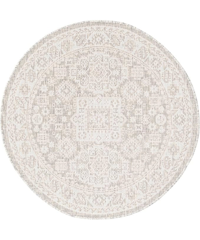 Rugs.com Outdoor Aztec Collection Rug – 4 Ft Round Light Gray Flatweave Rug Perfect for Kitchens, Dining Rooms